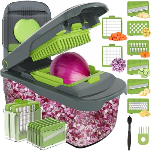 Ourokhome Vegetable Chopper with Container, Multifunctional Food Chopper Veggie Dicer Mandolin Slicer with 8 Blades for Potato, Tomato, Carrot, Essential Kitchen Gadgets (8 in 1, Gary)