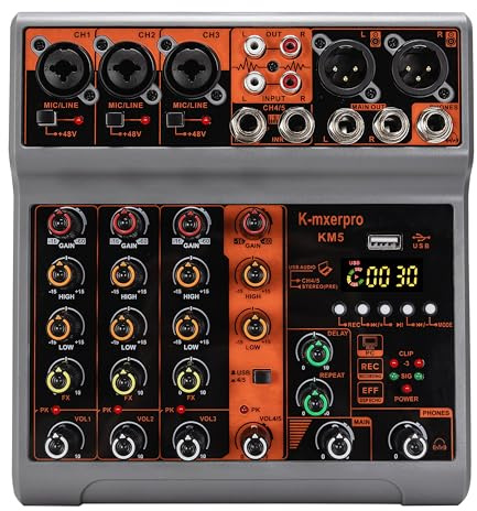 K-mxerpro 5 Channel Professional Audio Mixer Console Sound Board with 48V Phantom Power,USB Audio Interface for Live Show,Streaming Recording Music Stage Karaoke