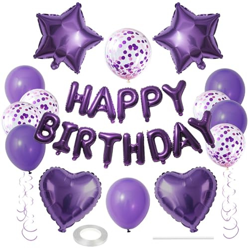WEIKA 27 Pcs Purple Birthday Decorations, 3D Letters Dark Purple Happy Birthday Balloon Banner, Pentagram Heart Foil Balloons Confetti Balloons Kit For Boys Girls Party Supplies