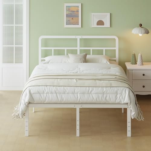 Lutown-Teen Cama de Metal 135 x 190 cm con Cabecero, Altura 46 cm, Blanco
