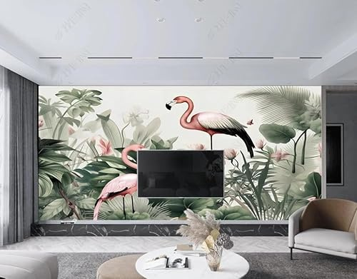 Papier Peint Intissé Flamant Plante Tropicale Poster Tableaux Muraux Tapisserie Photo Trompe L'Oeil Salon Chambre Art Mural 200Cm(L) X140Cm(H)