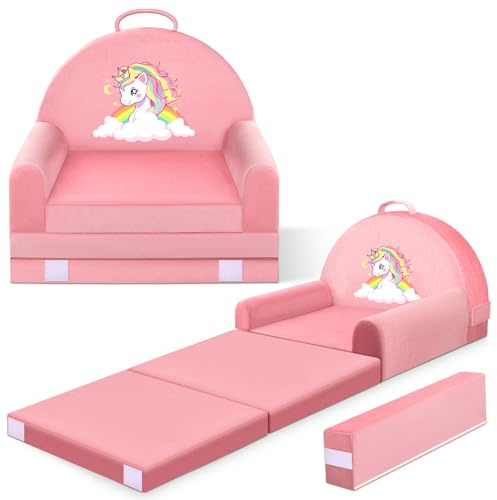 Unicorn Kids Sofa Bed Ages 3+ with Washable Cover, Foldable Toddler Chair | Cozy Crystal Velvet Kids Sofa For Playtime, Naps, Reading & Travel, With Removable Cover, Hook-And-Loop Backrest