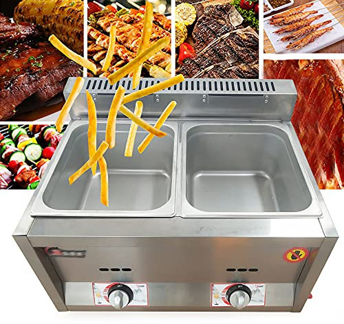 MJMLUCK Friteuse à gaz Commerciale 12 L/3 Gal Friteuse à 2 cuves en Acier Inoxydable Friteuse au gaz Naturel/Propane Chauffe-Aliments Cuiseur Vapeur