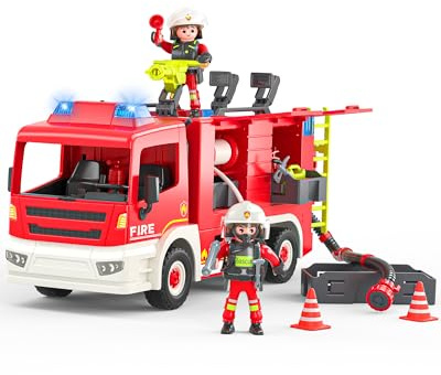 Coroiesty Feuerwehrauto Spielzeug ab 4 Jahre, Große Feuerwehrwagen mit 2 Feuerwehrleuten & Werkzeug, Licht & Sirene, pädagogisches Rettungsfahrzeug für Kinder Jungen Mädchen