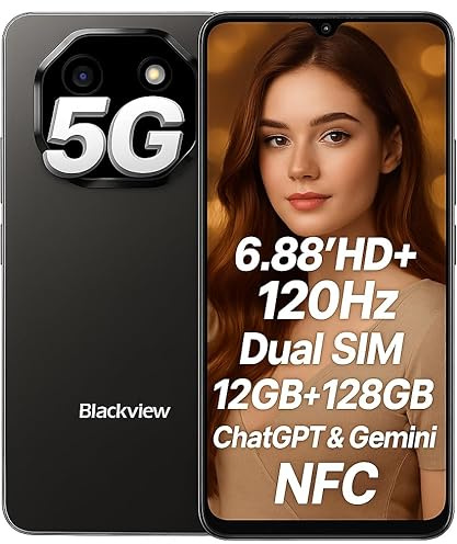 Blackview Shark 6 5G Teléfono Inteligente con IA, 12GB+128GB, Pantalla 6.88 HD+ 120Hz, 3 Asistentes IA Integrados, Cámara 16MP+8MP, Dual 5G Dual SIM, Android 15 Smartphone Móvil Libre, NFC, Negro