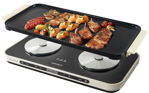 AEWHALE Hornillo Eléctrico 2 Fuegos Portátil, 2000 W Vitrocerámica Portátil con placa antiadherente extraíble,Temperatura/Tiempo Ajustables, Ideal para Cocinas Pequeñas y Camping