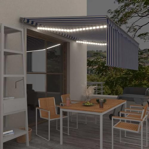 Tenda da Sole Automatica con LED e Sensore Vento, Blu e Bianco 4x3m, Tessuto Poliestere Impermeabile, Telecomando e Manovella, per Giardino Balcone Terrazzo
