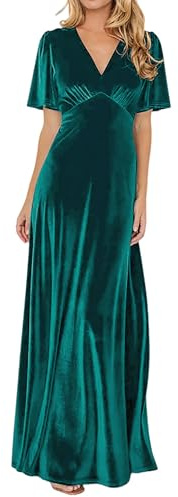R.Vivimos Herbst Winter Damen Samt Maxikleid V-Ausschnitt Kurzarm Empire Taille Fit Und Flare Party Kleid(L,Dunkelgrün)