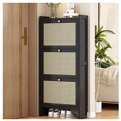 QYMYOZ Freistehender Schuhschrank-Organizer aus Rattan mit schmalem Holzrahmen, 2 Klapp-/3 Klappschubladen, 1-lagige Schuhaufbewahrung für Eingangsbereich, Flur, Wohnzimmer, IDE