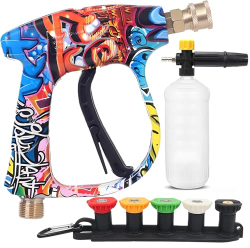 Pistola De Lavado A Presión Corta con 5 Boquillas Y Base, Pistola Limpiadora De 2250 PSL, Lavadora A Presión para Grafitis De M22-14 Mm A 1/4 para Limpiar Coches, Paredes Y Ventanas