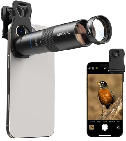 APEXEL Teleobjetivo Compacto de 10 x para Smartphone y Objetivo Macro de 200 mm con Clip Universal, Objetivo Profesional FMC ED, Adecuado para iPhone 17/16/15..., Samsung, Pixel y Otros Smartphones