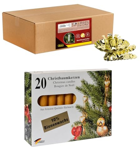Idena 90490 - Porte-Bougies pour Le Sapin de Noël, 20 pièces en Or avec 20 Bougies Jaunes, Porte-Bougies Vintage en métal, avec Clip pour Branches jusqu'à 1,5 cm d'épaisseur, Gold
