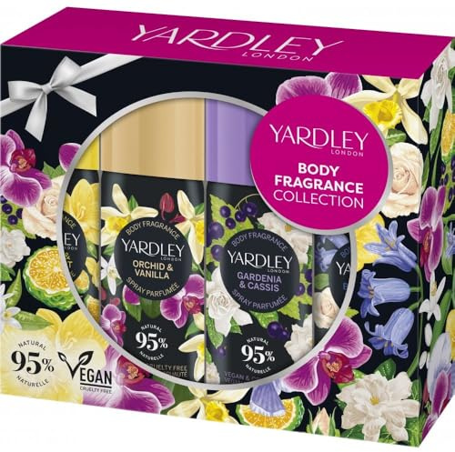 Tropical Gold Yardlley Contemporary Body Spray Set 4 x 50ml – Floral Fragrance Collection, Long-Lasting Refreshing Scent, Bluebell & Sweet Pea, Freesia & Bergamot, Gardenia & Cassis, Orchid & Vanilla