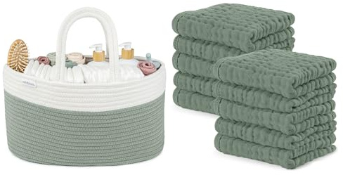 Comfy Cubs Rope Diaper Caddy Organizer and Muslin Baby Washcloths 10 Pack Bundled