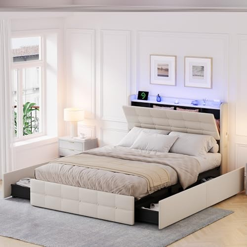 Mrwoo 4ft6 Double Bed Frame with Storage Drawers, Velvet Upholstered Bed with Concealed Storage Headboard, Adjustable-LED and Charging Station, Metal-Wood, Beige, 135x190cm (No Mattress)