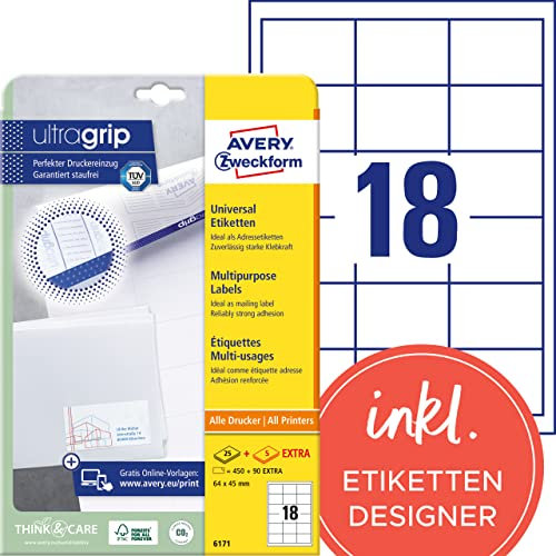 AVERY Zweckform 6171 Adressaufkleber (450 plus 90 Klebeetiketten extra, 64x45mm auf A4, Papier matt, bedruckbare Absenderetiketten, selbstklebende Adressetiketten mit ultragrip) 30 Blatt, weiß