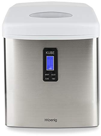 Máquina para Hacer Hielo, SilencIOSa, 100 W, Capacidad 15 Kg, Entre 6 y 13 Minutos, 3 Tamaños de Cubitos, Gris, Acero Inoxidable. H.Koenig_Kb15, Blanco y Gris