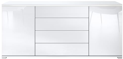 Sideboard Faro V2 - Kommode mit 2 Türen & 4 Schubladen, Schrank mit LED Lichtleiste, Weiß matt/Weiß Hochglanz (166,5 x 75,5 x 35)
