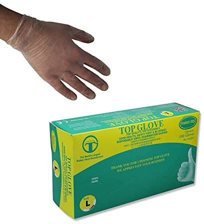 Top Glove powder Free Disposable Vinyl Gloves - AQL 1.5 - Box of 100 (Large)