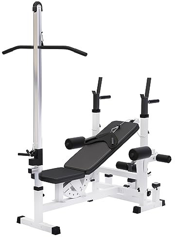 GORILLA SPORTS® Kraftstation - Hantelbank mit verstellbare Hantelablage, Latzugturm, Butterfly, Beincurler, Schwarz oder Weiss - Trainingsbank, Fitnessstation, Trainingsstation (Weiss)
