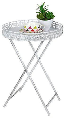 Spetebo Shabby Chic Beistelltisch mit Tablett - Antik Sofatisch Couchtisch - Metall Blumen Tisch weiß