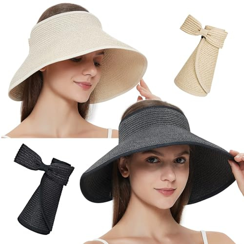 Maylisacc Rullbara damer brett brätte halmhatt, vikbar sommar topplösa solhattar för kvinnor justerbar UV-skärm med rosett, 2-pack – beige och svart, en storlek