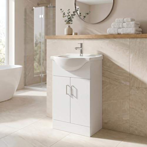 Affine® 560mm Vanity Unit Basin Sink Bathroom Storage Cabinet Cupboard Freestanding, Single Tap Hole Ceramic Wash Basins, Soft Close Doors, White Gloss