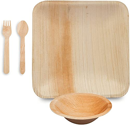 BOX And Tree | 100 Pièces de Vaisselle jetable, 25x Assiettes en Feuille de Palmier 20x20cm, Set de 25x Fourchettes+Cuillères + 15 x de. Bols en Bois Bambou 150ml |