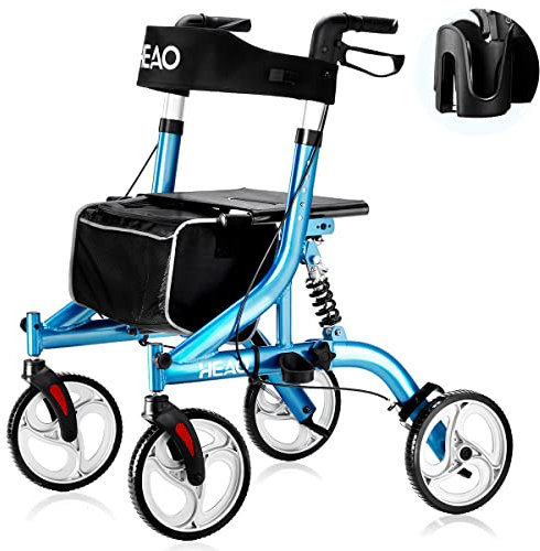 HEAO Rollator Gehhilfe mit Sitz,Gehhilfe für Ältere Menschen,4 x 25.4cm Räder mit Stoßdämpfern,Leichtgewicht Gehwagen nur 9 kg,bis 159kg belastbar,mit höher Mobilität,höhenverstellbar Griff,Blau