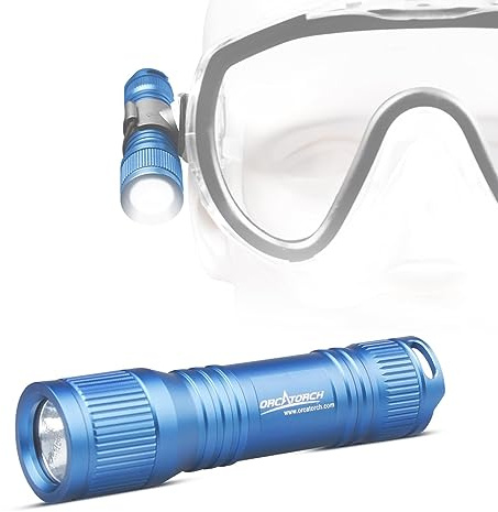 ORCATORCH D560 Mini Scuba Dive Light Headlamp 650 Lumen Mask Diving Flashlight with 360° Rotatable Mask Clip, Underwater 150m Backup Headlight with Rotary Switch (Not Included Snorkel Mask) (Blue)