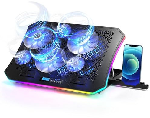 KeiBn Upgarde Laptop Cooling Pad, RGB Lights Laptop Cooler 6 Fans for 15.6-17.3 Inch Laptops, 7 Height Stands, 10 Modes Light, 2 USB Ports, Desk or Lap Use (A8,Blue)
