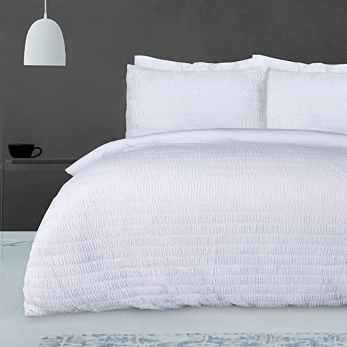 Sleepdown - Parure de lit en Tissu Seersucker avec Housse de Couette et taie d'oreiller en Relief, Douce et Facile d'entretien, Polyester, Blanc, lit King Size (230 cm x 220 cm)