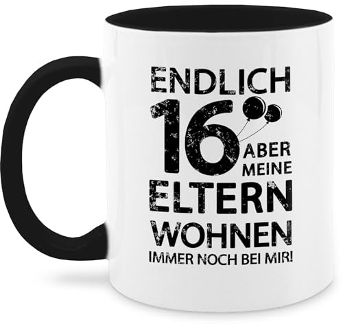 Tasse Tassen 325ml - 16. Geburtstag - Endlich 16 aber meine Eltern wohnen immer noch bei mir I Sechzehn - 325 ml - Schwarz - geschenk zum 16.geburtstag jahre junge 16-jährige ballon