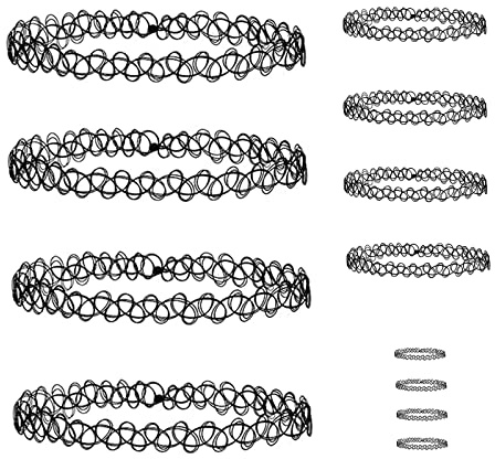 GoldRock 12 Stück Choker Set, Elastische Tattoo Kette, Gothic & Ringe Schwarz, Armbänder, 90er Jahre Accessoires für Damen