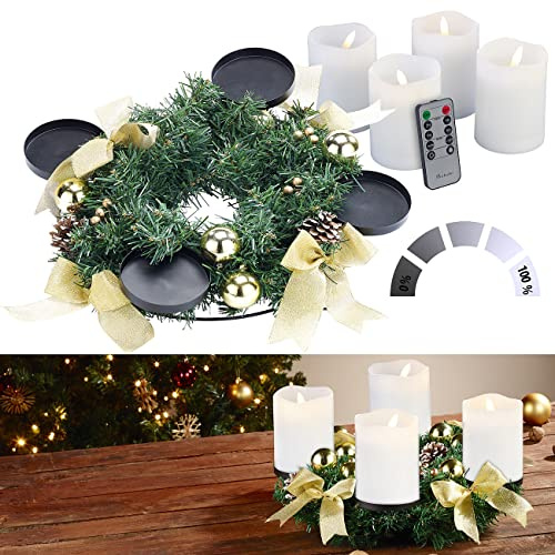 Britesta Advent Deko Kranz: Adventskranz mit goldfarbenem Schmuck, inkl. LED-Kerzen in weiß (Adventskranz für Senioren, Adventskranzgesteck, Kerze)