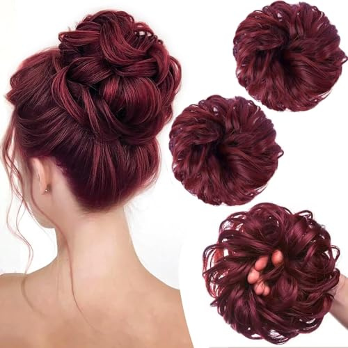 PORSMEER 2 Stücke Haarteil mit Gummiband Groß Dutt Haarteil dunkelrot Gelockt Haargummi mit Haaren Hochsteckfrisuren Haarverlängerung Messy Bun Scrunchies Haarteile für Damen Mädchen Pferdeschwanz
