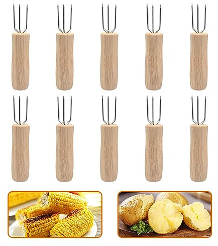 SENZEAL 10 Stück Maiskolben Spieße Holz Maiskolben Halter Pellkartoffelgabel mit 3 Edelstahl-Zinken Kartoffelgabel für Mais Pellkartoffeln BBQ Camping Picknicks Partys Hausmannskost
