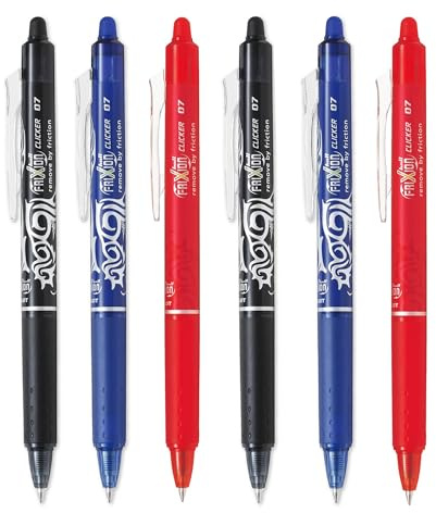 PILOT FriXion Clicker Tintenroller, fein, radierbar, einziehbare Spitze, 0,7 mm Spitze, 0,35 mm Strichbreite, Schwarz, Blau, Rot, 6 Stück
