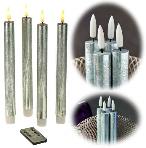 LS-LebenStil 3D Stabkerze Silber 24,5cm Echtwachs 4´er Set Timer bewegliche Kerzen Flamme