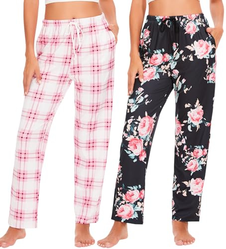 Ymmchy Damen Pyjamahose Lang Schlafanzughose Kariert Freizeithose Frauen Schlafhose Weiche Nachtwäsche Hose 2-Pack
