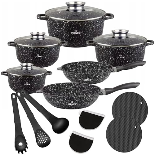 Casseroles et poêles – Batterie de cuisine 17 pièces – Batterie de casseroles avec couvercles en verre – Un set de casseroles composé de 4 casseroles, 2 poêles à frire et ustensiles de cuisine –