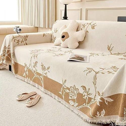 KnSam Home Couchbezug, Blumen Zweigstellen Sofaüberwurf Decke mit Quaste, rutschfeste Sofabezug Katze Chenille für Wohnzimmer Protector & Hunde Haustiere (180x150CM, Kaffee)