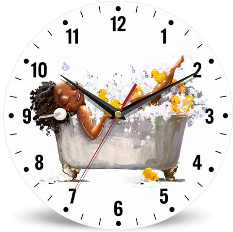 SPUNKER Wall Clocks,African Woman Bath Wall Clocks,Yellow Duck Battery Operated Wall Clock Silent Non-Ticking Decorative for Home Kitchen Bathroom Living Room Bedroom Office 10 Inch