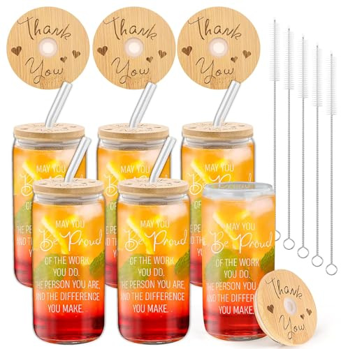 ASMIZ 6 Set Thank You Glass Can Cups Employee 16oz Appreciation Gifts Cup Bulk for Women Can Shaped Beer Glass with Lids and Straw for Team Friends Teacher Nurse Thanksgiving Christmas