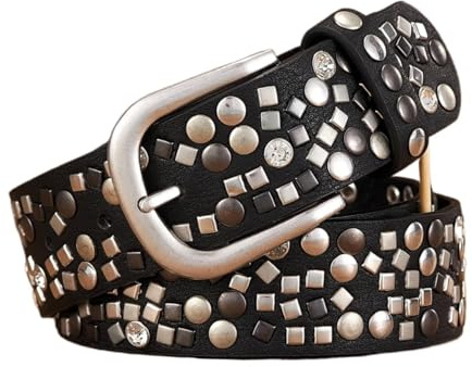 GOFDASY 3,7 cm Leder-Nietengürtel für Damen, modisch, Strass, Nietengürtel, weiblicher Rock, weiblicher Riemen für Jeans, Schwarz , 105 cm
