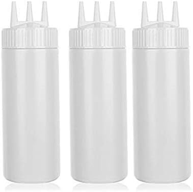 WUZIA 3 botellas exprimibles de condimentos, 3 agujeros para aderezo de mostaza, para salsa de ensalada, condimentos, crema, para cocina, restaurante, panadería (24 onzas, blanco)