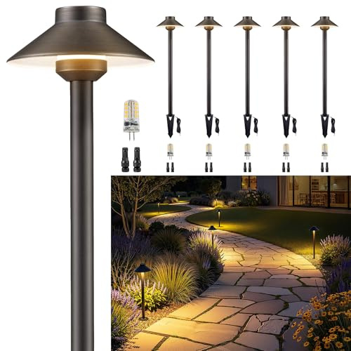 Gardenreet Low Voltage Landscape Lighting - Solid Brass Pathway Lights 12V, LED Path Lamp Waterproof, Hat Shaped Wired Bronze for Walkway Garden with 3W 270LM 4000K Neutral White G4 Bulb (6 Pack)