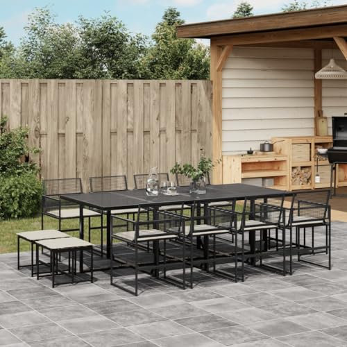 Homgoday Gartenmöbel-Set, Esstisch für den Garten, 13-teilig, mit schwarzen Kissen aus Polyrattan, Gartenmöbel, Tisch und Stühle für den Außenbereich, Set