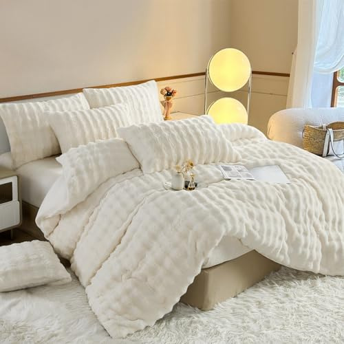 YASMENG Plüsch Bettwäsche 200x200 Winter Warm Creme Weiß Plüsch Langhaar Bettwäsche Winter Super Weich Kuschelig Flauschige Bettwäsche Plüsch 3 Teilig mit Reißverschluss und 2 Kissenbezüge 80x80 cm