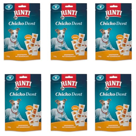 Rinti Extra Chicko Dent Huhn Small | 6er Pack | 6 x 150 g | Ergänzungsfuttermittel für ausgewachsene kleine Hunde | Kaustreifen für die Zahnpflege | Bissfeste Rinderhaut